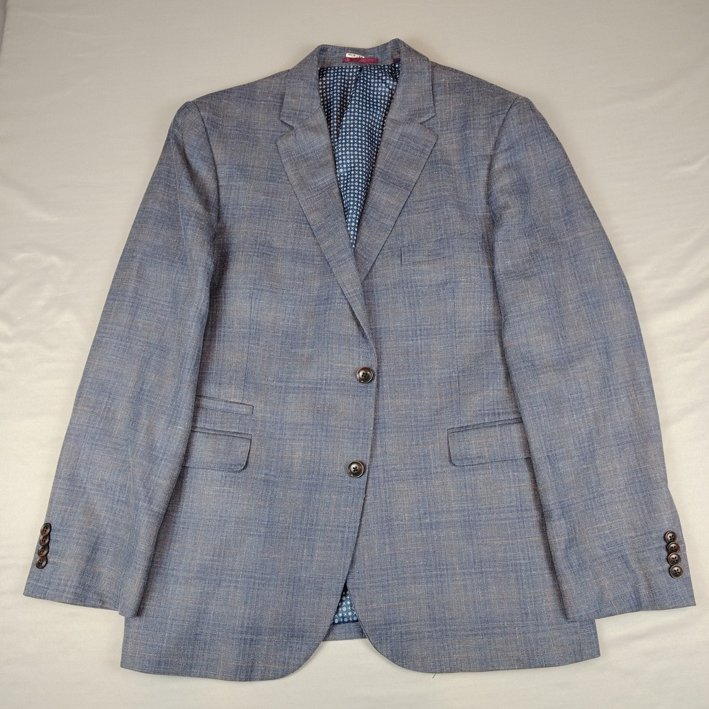 Johnston & Murphy Mens Medium (40R) Sport Coat Gray Blue Plaid Wool Silk Linen